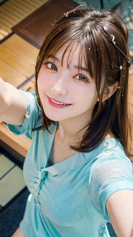 8k,Highest quality,masterpiece, Sharp focus, (beautiful, Gorgeous and cute Japanese 20 year old woman:1.3),((Comfortable loungewear)),繊細でbeautiful細い眉毛,beautiful woman, 繊細でbeautiful髪, Droopy eyes, Very detailed, 超beautiful女性, Glowing White Particles, (Side light:1.2), Brown hair detail、(Selfie, Top View: 2.0), (Half of the body is straight: 1.4)、Tie up your hair、Her House、Face Zoom、Laughing with loose teeth