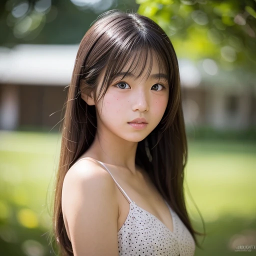 lens: 135mm f1.8,(highest quality),(Tabletop:1.1), (Beautiful 14 year old Japanese girl), (Moist lips), Narrow eyes, double eyelid,Delicate clavicle,Flat Chest,Shortcuts,
(Let's take another look), (close:1.4), shame, A faint smile,
(Speckled sunlight:1.2), Dramatic lighting,
(とても小さなビキニ), (Sunburned skin:0.2),Full body photo、Full Body Focus