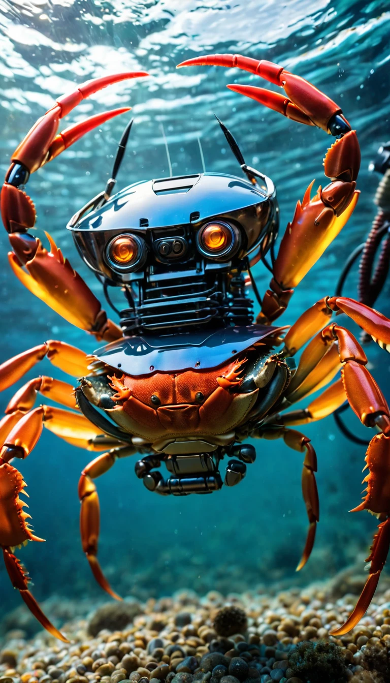 Being at the bottom of the ocean　Translucent movie stills (Cybernetic robot crab 1.5), (Glowing Veins:1.3) (The cable enters the body, circuit:1.3), Very detailed, Vignette, Very detailed, High budget, Bokeh, Sulky, amazing, nice, Film Grain, granular　　　 It has large claws as big as its body, while still maintaining the realistic appearance of a crab.、Partially transparent design allows you to see the internal mechanism