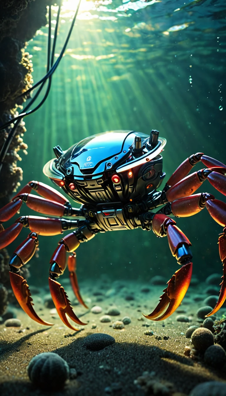 Being at the bottom of the ocean Translucent movie stills (Cybernetic robot crab 1.5), (Glowing Veins:1.3) (The cable enters the body, circuit:1.3), Very detailed, Vignette, Very detailed, High budget, Bokeh, Sulky, amazing, nice, Film Grain, granular It has large claws as big as its body, while still maintaining the realistic appearance of a crab.、Partially transparent design allows you to see the internal mechanism