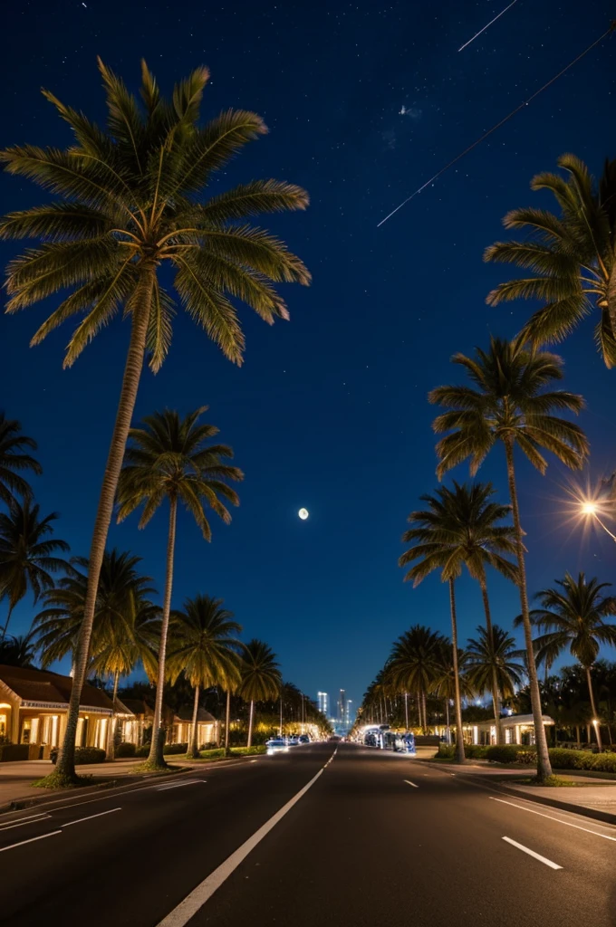 A vehicle driving down an avenue at night, with palm trees lighting poles with buildings, the moon with blue background
