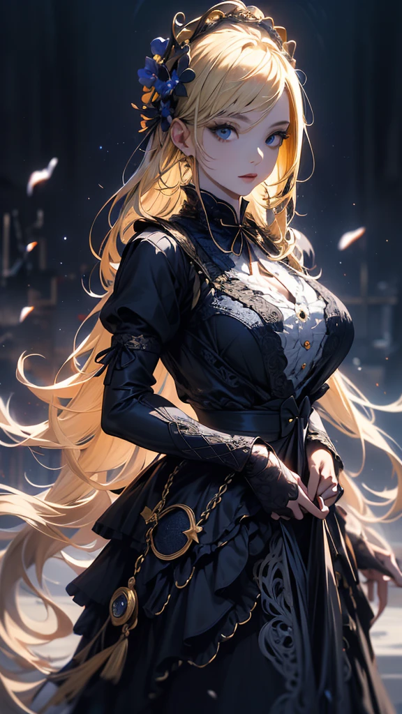 masterpiece, high quality, 4K, Beautiful design, silhouette,blonde, 非常に詳細な夜のStarry Sky,Flower Field, wonderful, Finer details, Very knowledgeable woman, Highly detailed solo, 1 female,Big Breasts,Gothic Lolita Fashion,Night view,Starry Sky,full moon,
