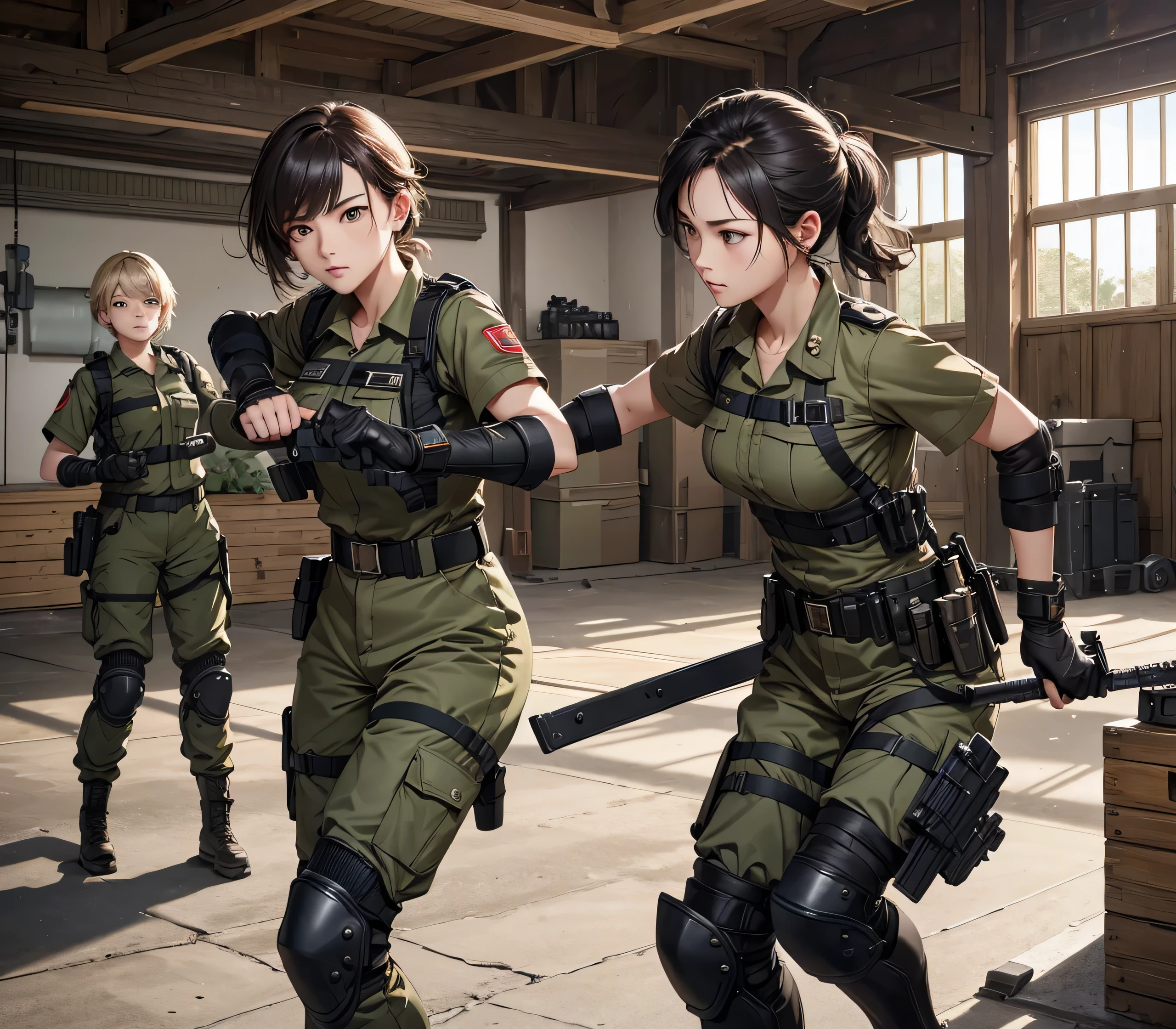 A group of female soldiers fighting with bare hands、Short-sleeved shirt、Tactical gloves、Military Pants、Military belt、Knee pads、In the open space、best quality、Highly detailed CG、8K picture quality