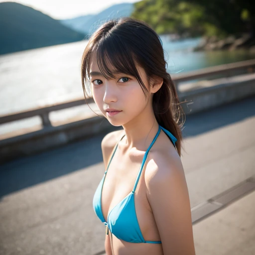 Lens: 135mm f1.8, (highest image quality), (tabletop: 1.1), (beautiful  Japanese girl), (moist lips), slender eyes, double eyelids, delicate collarbone, flat chest, shortcut, (Let's look at it again), (close:1.4), Embarrassment, faint smile, (spotted sunlight: 1.2), dramatic lighting, (very small bikini), (tanned skin: 0.2), full body photo, full body focus