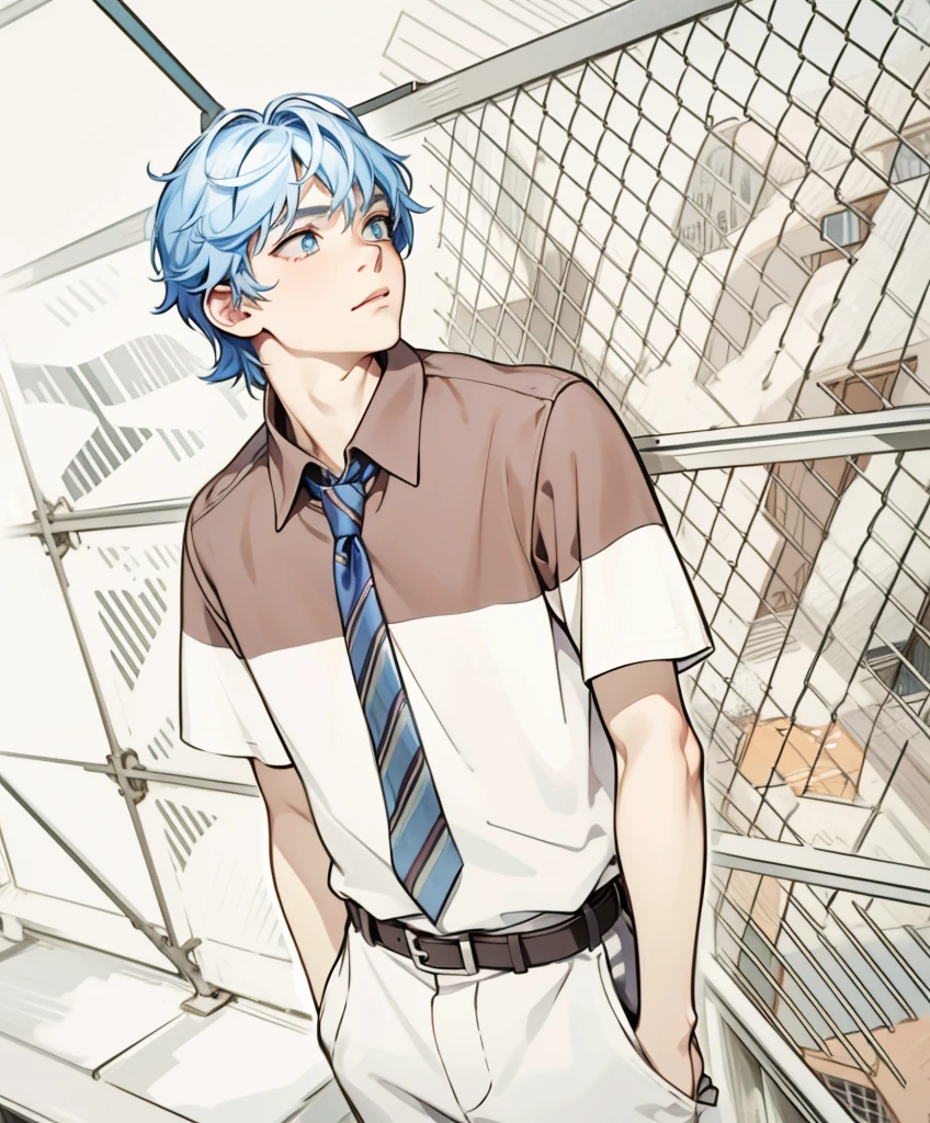 16 year old man in the background there is a city he is on top of his school looking curious and thoughtful the city has blue hair and his eyes are blue
