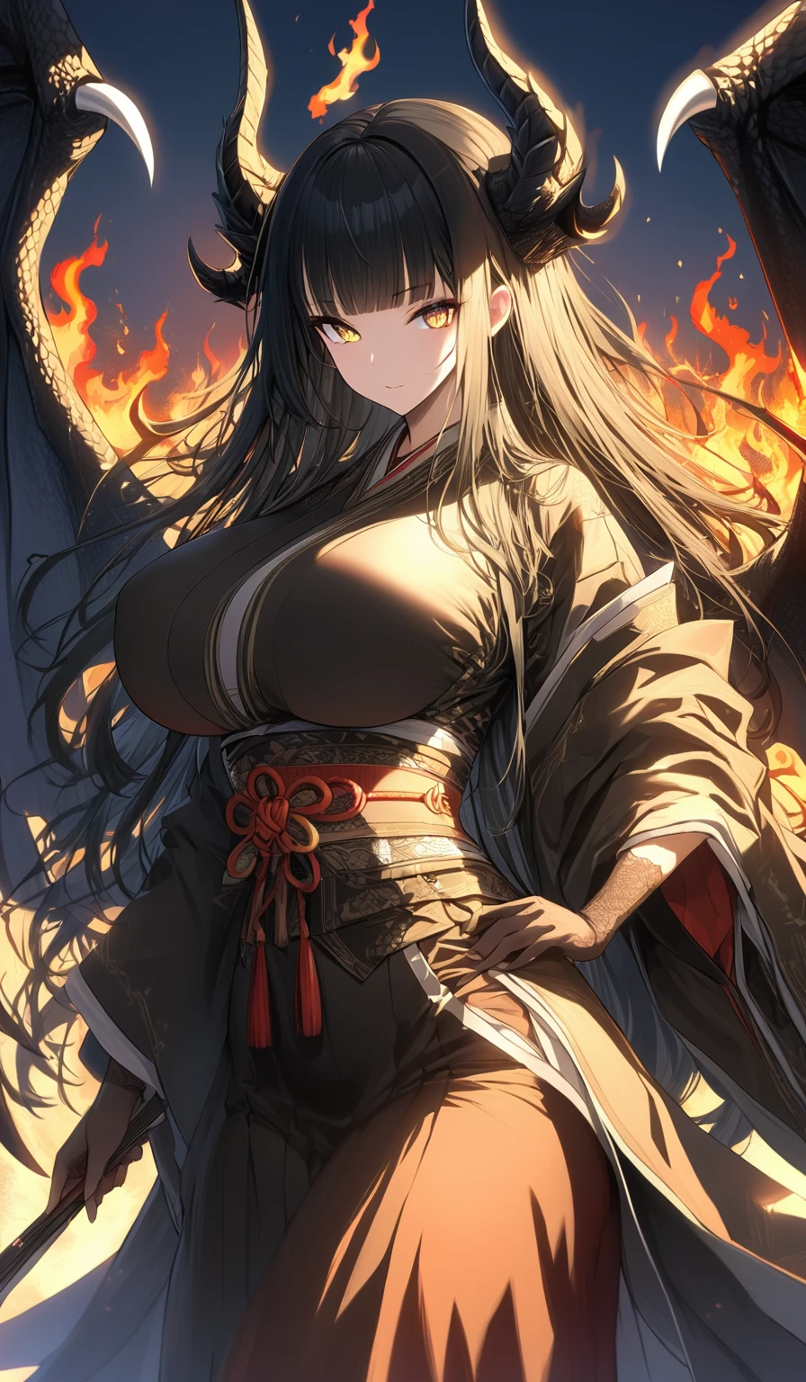 A masterpiece, very detailed, ultra detailed, one, (1 woman), a woman in Japanese closed traditional clothes of a feudal queen and with a traditional handmade fan, light golden eyes, long black straight hair and straight bangs, with huge breasts, she with black demonic horns and black dragon wings with shades of fire, against the background of the sun, fire and flame
