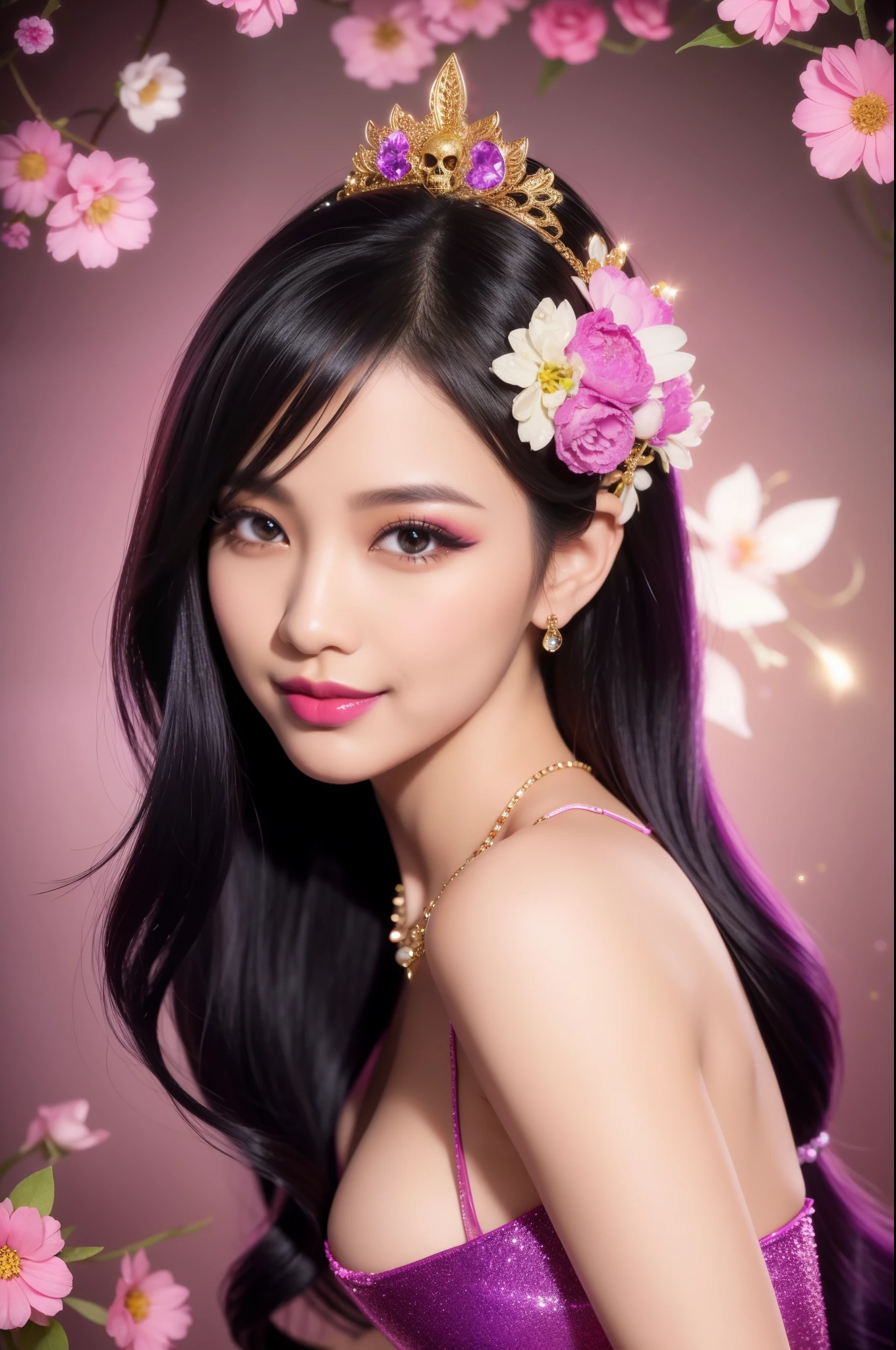 sexy Thai model who controls poison、beautiful smile、lip-gloss、bold lipstick、intense makeup、look at the camera、full body Esbian、、sparkling poisoned flower costume、、、、sparkling Colorful hair、secrete poison、skull hair accessories、sexy tights、shiny sparkling flowers background
