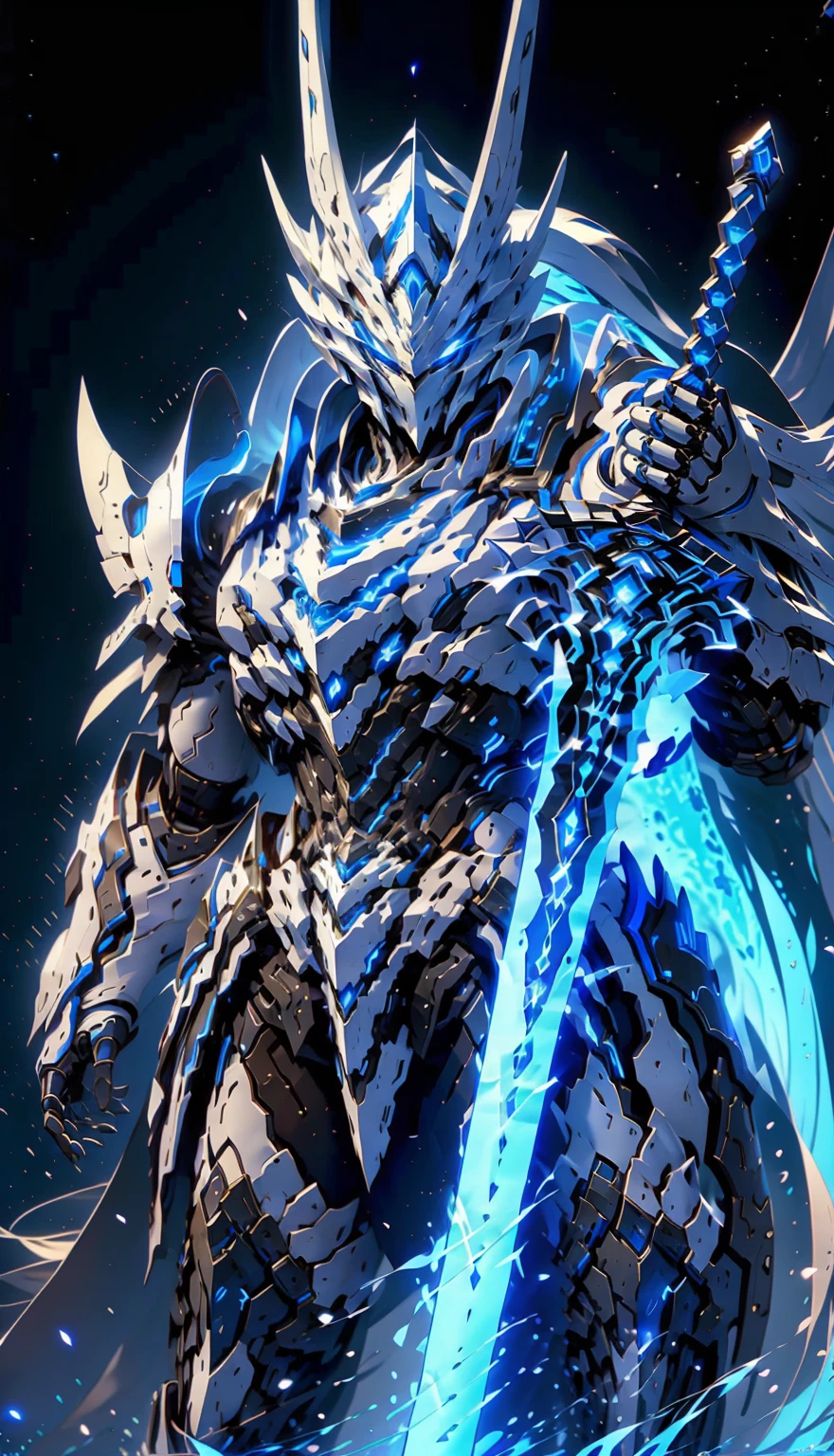 Realistic character with a white and blue outfit and a sword, ethereal and mecha theme, from lineage 2, greek god in mecha style, from arknights, well armored mech dragon, dragon cyborg, best anime 4k konachan wallpaper, white mecha, immense detail, detailed key anime art, cyborg dragon portrait, immense details, granblue fantasy
