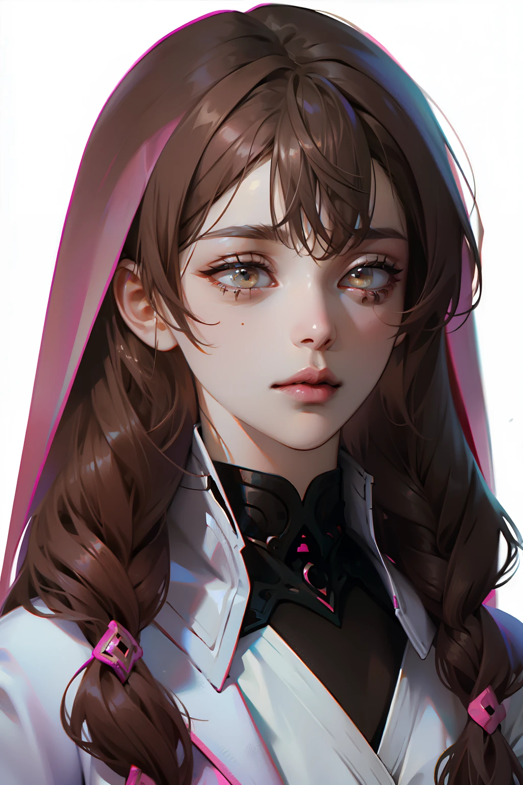 Girl, long brown hair, brown eyes, sharp features, white skin, pink lips, perfect, sweater, jacket