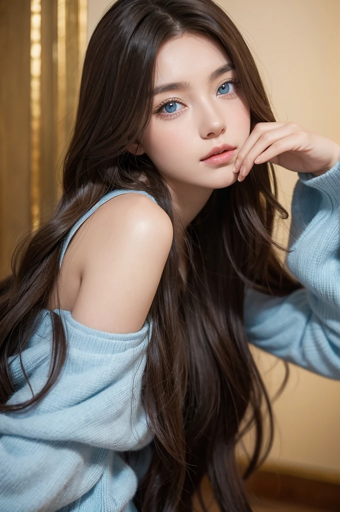 1girl,european,pale blue eyes,long wavy brown hair dyed with streaks of gold,black top