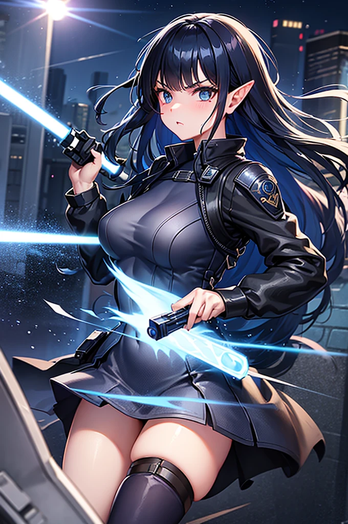 Create high quality images featuring an elf girl with dark navy blue hair and straight bangs。She is a member of the police special forces.。Aggressive pose。Aggressive facial expression。Have a lightsaber。In the background is the city inside the dome。 Next to her is a black armored vehicle.。