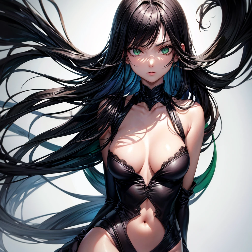 Black hair, green eyes, slender, shapely breasts, bodysuit, empty black background, portrait