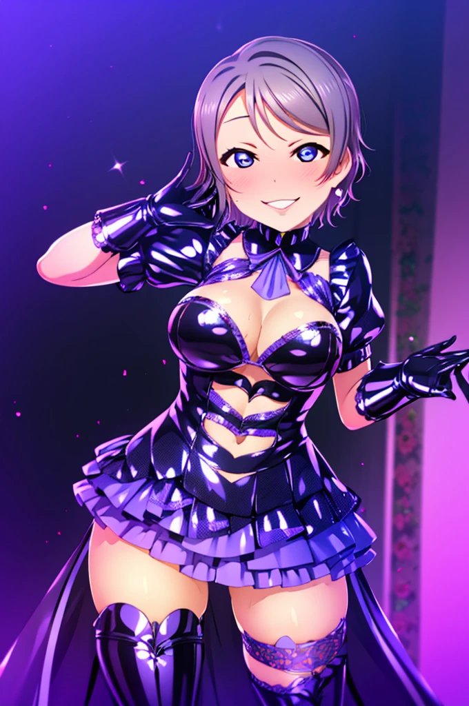 Erotic　Love Live Watanabe You　Tall, big-breasted adult wife　Light blue sequin rubber suit, black background, hearts, bedroom, dark theme, evil, temptation, excitement, condescending smile, sexy pose, upper body emphasis, hands on chest