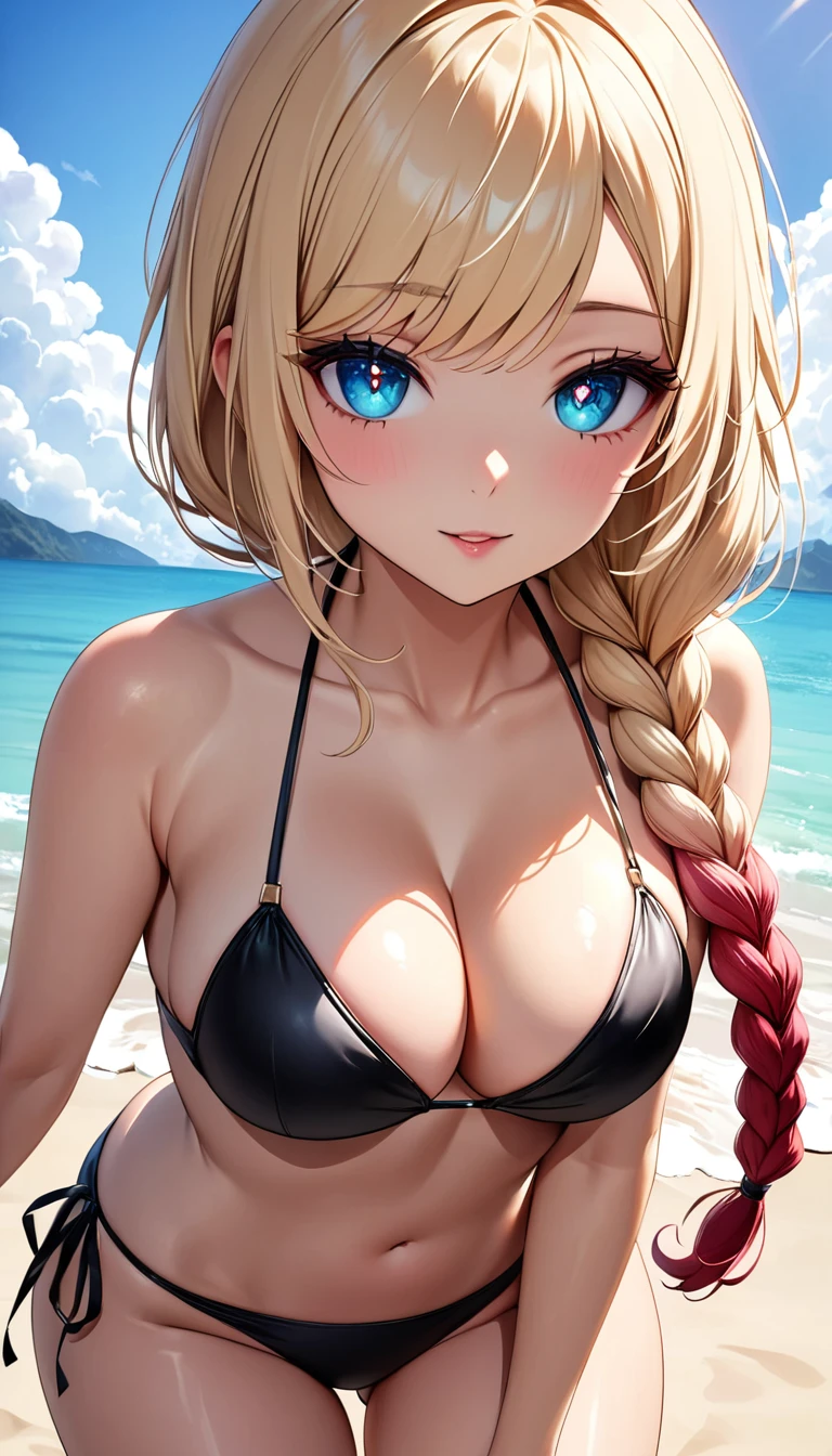 (masterpiece, so beautiful:1.4), Highest quality, Super detailed, Very detailed, Accurate,
break
full body, 1 beautiful girl, 18-year-old, (Small face), Beautifully detailed face, Tight waist, The beauty and danger of growing from a girl to an adult, A symbol of miraculous beauty, Graceful posture, Sensual, Captivating woman, Cleavage, Curvy, (Medium chest), (burgundy color hair, Light Hair, Long braided hair, Swept-apart bangs:1.5),
break
(Black Bikini, Side tie bikini bottom:1.4),
Sunny Afternoon, Beach Blue Sky, White cloud, The soft sunlight that induces afternoon sleepiness,
break
(Aqua blue eyes), Black, elongated pupils, (Slanted Eyes, glass-like Sparkling eyes are blurry and dreamy, Beautiful attention to detail, Sparkling eyes, Long and delicate eyelashes, Meticulous eyelash detailing),
break
(hot gaze, Heart shaped lips, Beautiful lip detail, Shiny, Open your mouth), (1 small gold heart-shaped ring pendant:1.2), LOL, Jumping