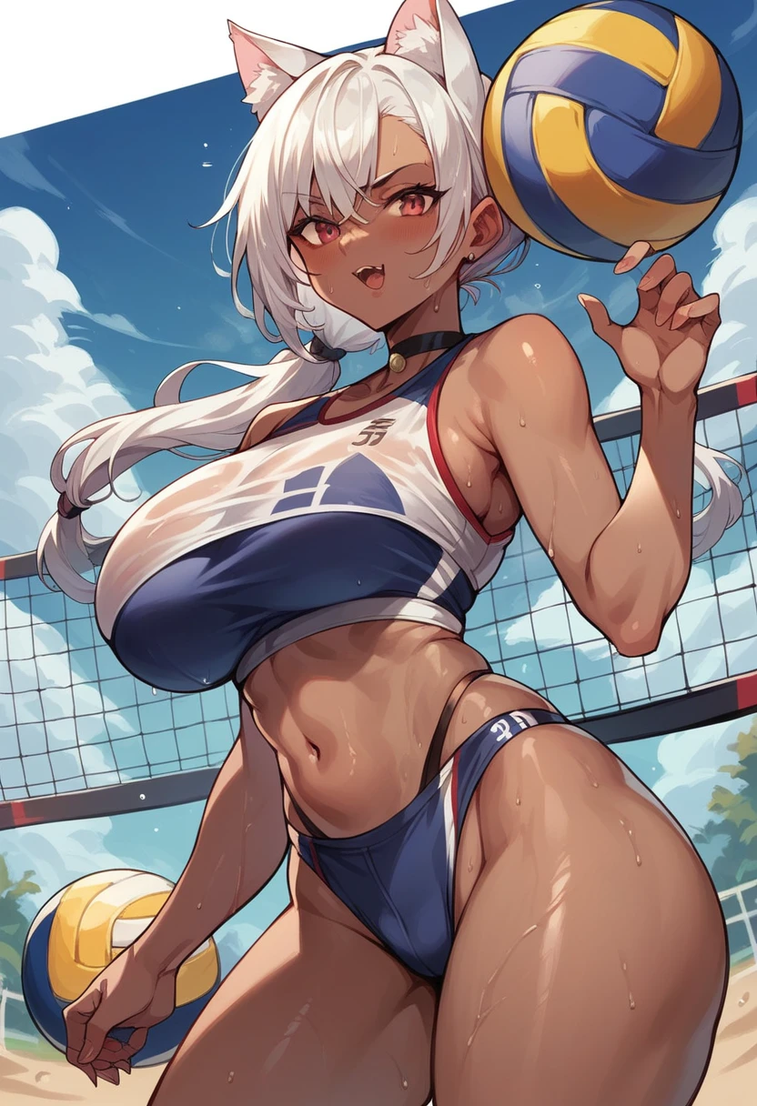 volleyball player,dark skin woman,white hair,cat ears,big breasts,with sweaty body,in a square