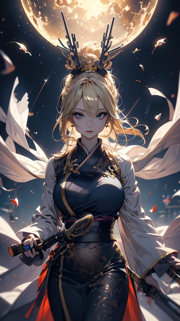 masterpiece, high quality, 4K, Beautiful design, silhouette,blonde, 非常に詳細な夜のStarry Sky,Flower Field, wonderful, Finer details, Very knowledgeable woman, Highly detailed solo, 1 female,Big Breasts,Nurse Costume,Night view,Starry Sky,full moon,