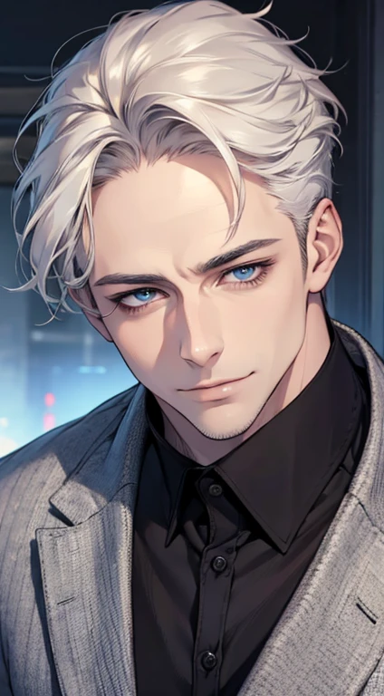 (best quality,4k,8k,highres,masterpiece:1.2),ultra-detailed,(realistic,photorealistic,photo-realistic:1.37),1 man,31 years old,mature man,very handsome,without expression,smile,short white hair,blue eyes,penetrating gaze,perfect face without errors,imposing posture,businessman,office background,cinematic lighting,hdr image