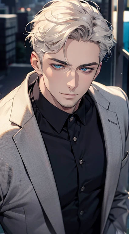 (best quality,4k,8k,highres,masterpiece:1.2),ultra-detailed,(realistic,photorealistic,photo-realistic:1.37),1 man,31 years old,mature man,very handsome,without expression,smile,short white hair,blue eyes,penetrating gaze,perfect face without errors,imposing posture,businessman,office background,cinematic lighting,hdr image