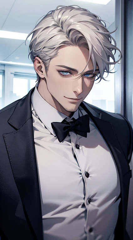 (best quality,4k,8k,highres,masterpiece:1.2),ultra-detailed,(realistic,photorealistic,photo-realistic:1.37),1 man,31 years old,mature man,very handsome,without expression,smile,short white hair,blue eyes,penetrating gaze,perfect face without errors,imposing posture,businessman,office background,cinematic lighting,hdr image