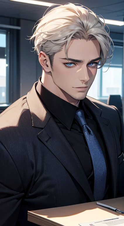 (best quality,4k,8k,highres,masterpiece:1.2),ultra-detailed,(realistic,photorealistic,photo-realistic:1.37),1 man,31 years old,mature man,very handsome,without expression,smile,short white hair,blue eyes,penetrating gaze,perfect face without errors,imposing posture,businessman,office background,cinematic lighting,hdr image