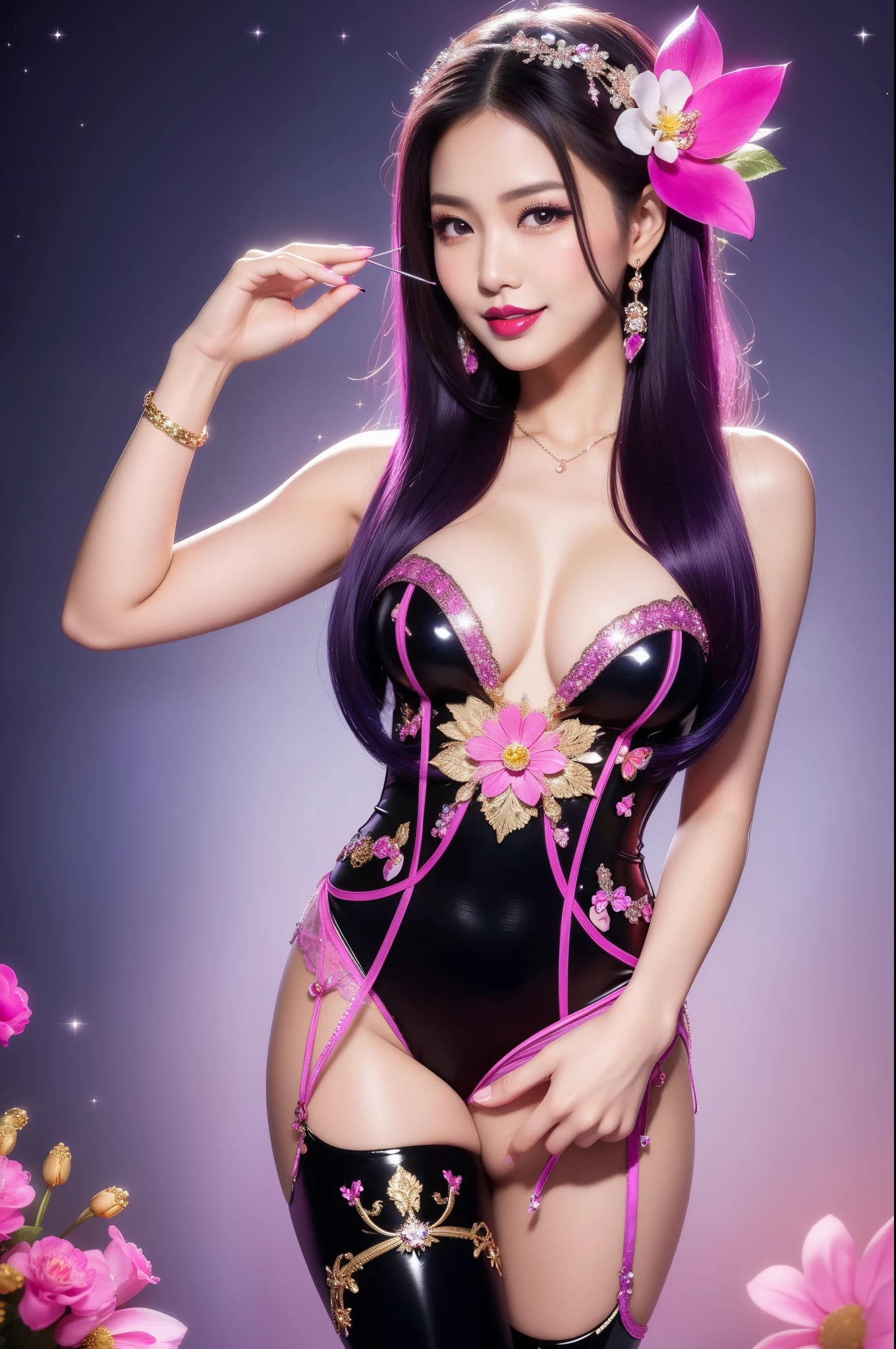 sexy Thai model who controls poison、beautiful smile、lip-gloss、bold lipstick、intense makeup、look at the camera、full body Esbian、、sparkling poisoned flower costume、、、、sparkling Colorful hair、secrete poison、skull hair accessories、sexy tights、shiny sparkling flowers background