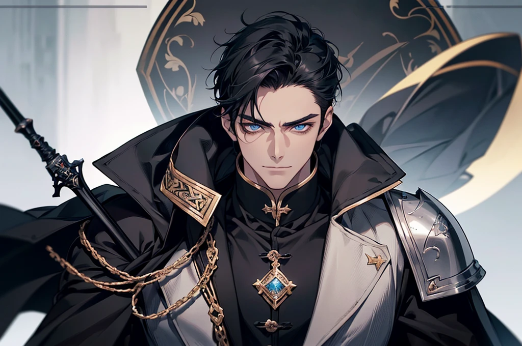 There was a knight up there., Masterpiece, Highest quality, war, cold weather, realistic, 1 person, mature man, A quiet and charming young man., 30 years old, Portrait, Highly detailed face, cool and smile, ((blue eyes)), ((black short hair)), [Thick eyebrows], holding a weapon (Crescent repeater),Lipo,Fang Tian Hua Ji, ((black long coat)), ((all black)), (blue eyes) ,Short Black Quiff Hair with Soft Fringe, handsome , muscle, Facial expressions, black knight armor ,Fang Tian Hua Ji, black wool shawl(Masterpiece,best quality,special, (Broad shoulders)) (muscle), focus man,holding a spear to pierce the sky, His black spear rose.., . Describe the man.&#39;Appearance., Details of his sword, Characteristics and characteristics of monsters, and convey the tension and power of the encounter..."