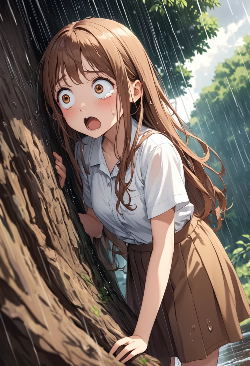 detailed illustration, dynamic angle, ultra-detailed, illustration, 1girl, 18 year old, school girl, wavy brown hair, long hair, bright brown eyes, shocked look, wide eyes, amazed eyes, blush, flush, surprised, standing, outside, rainstorm, sad, under a tree, tears, wet hair, wet clothes, white shirt, brown skirt