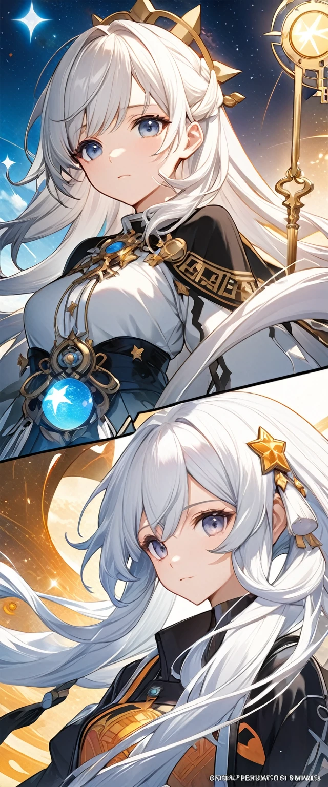 Beautiful Celestial Astrologer, Detailed key animation art, Official Anime Artwork,Girl with light purple hair holding crystal ball staff,Shoulder silver shawl cosmic astrology girl, Black background with astrological chart and colorful bright stars.