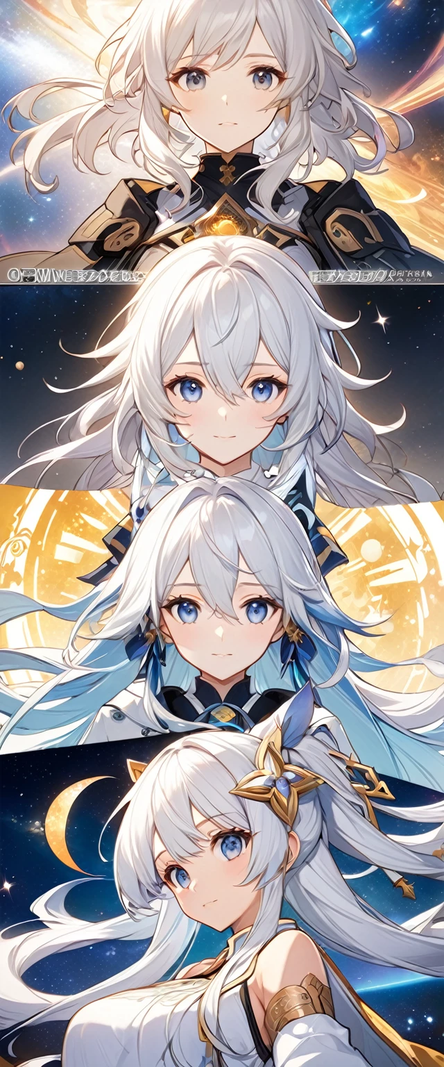 Close-up of a man with long hair and a star, White hair deity, Light novel cover art, Anime visuals of cute girls, white hair girl, Cosmic hair anime girl, Anime vision of young woman, Beautiful Celestial Astrologer, Detailed key animation art, Official Anime Artwork, From Arknights, White hair, Ethereal Anime, Ayaka Genshin impact
