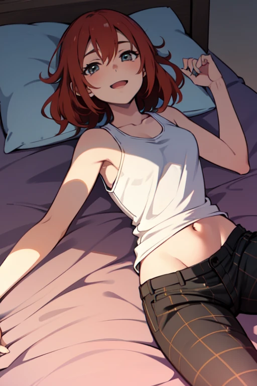 beautiful girl, one, Anime-Series, Ginger, Bett, girlfriend, Tank top, checked pajama pants, lie down, Happy