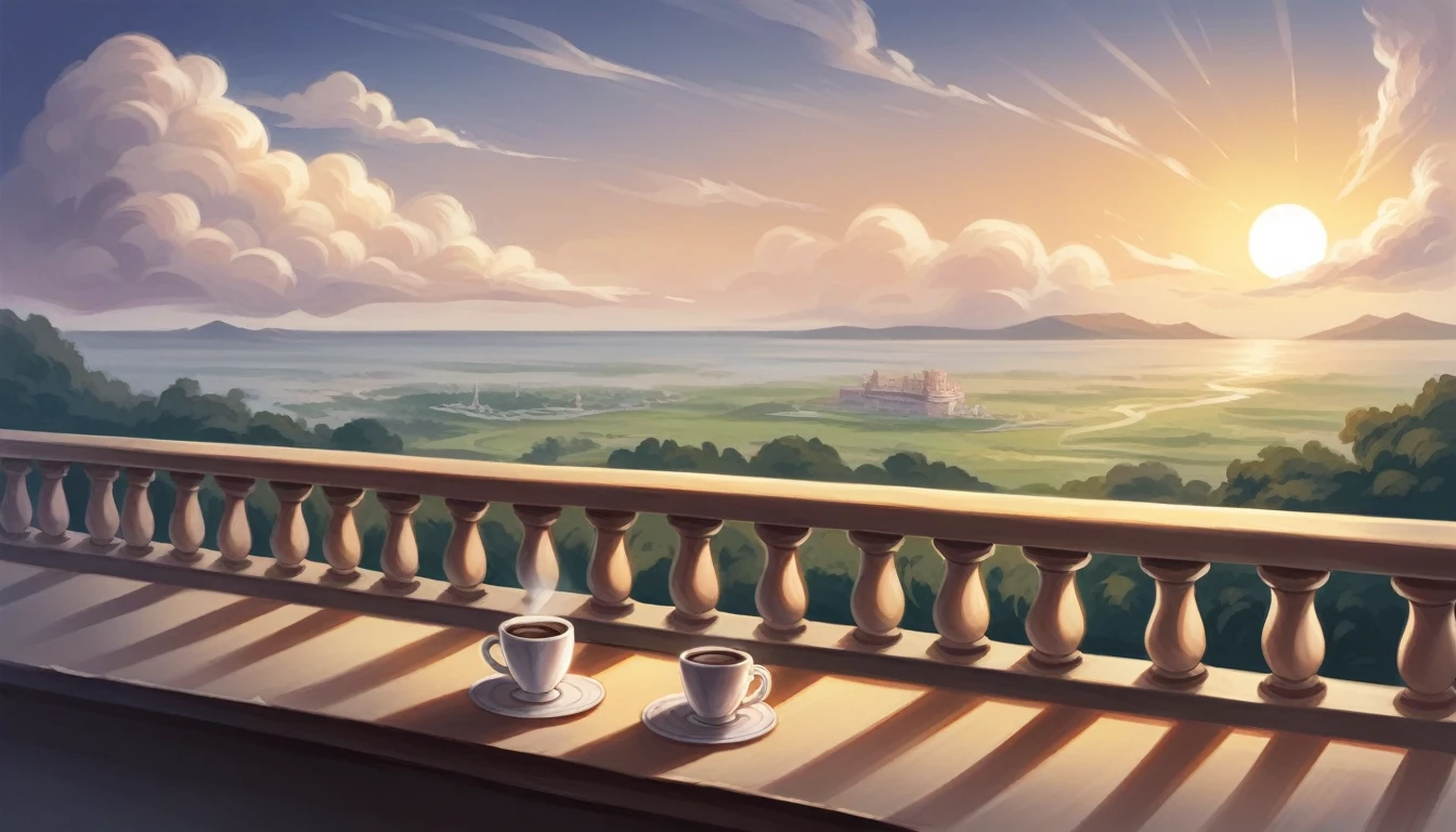 A porcelain coffee cup with an intricate golden design, placed on a matching saucer. The cup and saucer are set on a balcony railing, with a backdrop of america in the warm glow of sunrise. The state of liberty stands majestically in the distance, and the scene is framed by morning.very realistic,ultra hd,8k,photograpy