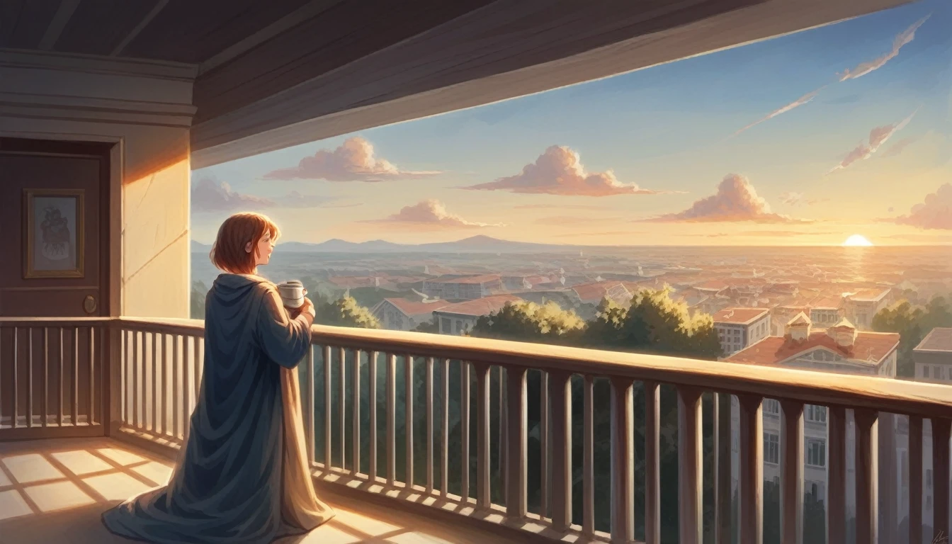 A porcelain coffee cup with an intricate golden design, placed on a matching saucer. The cup and saucer are set on a balcony railing, with a backdrop of america in the warm glow of sunrise. The state of liberty stands majestically in the distance, and the scene is framed by morning.very realistic,ultra hd,8k,photograpy