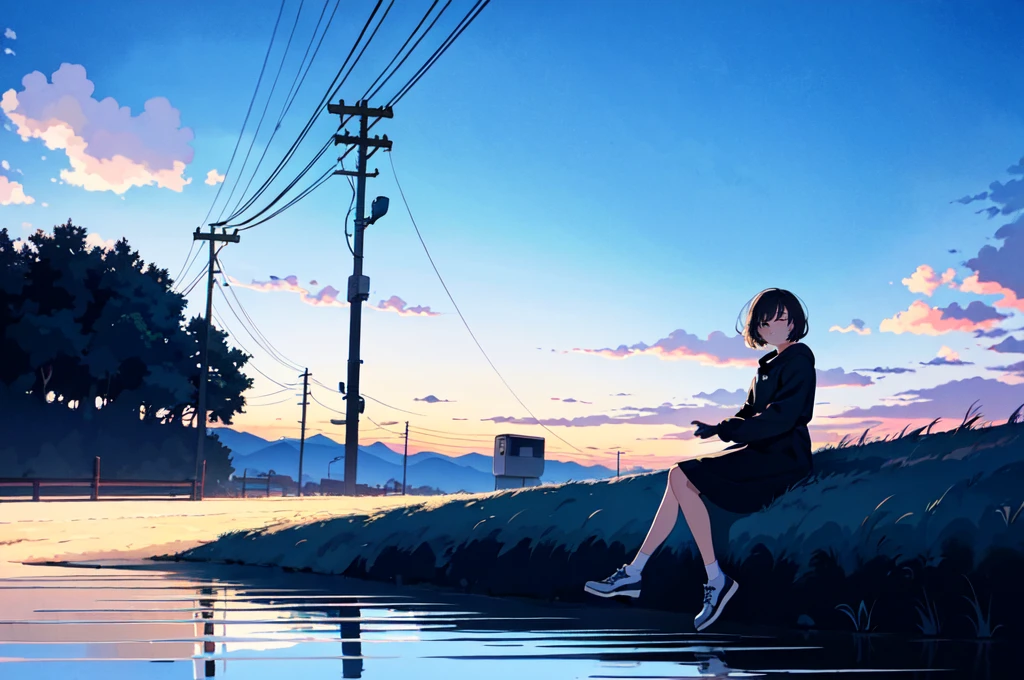 masterpiece, best quality,solo, short hair, looking at viewer, 1girl, closed mouth, upper body, abstract, bangs, monochrome ,outdoors, grass, sky, scenery, cloud, solo, sitting, power lines, tree, sunset, utility pole, shoes, cloudy sky, long sleeves, blue sky, fence, wide shot, day, building ,