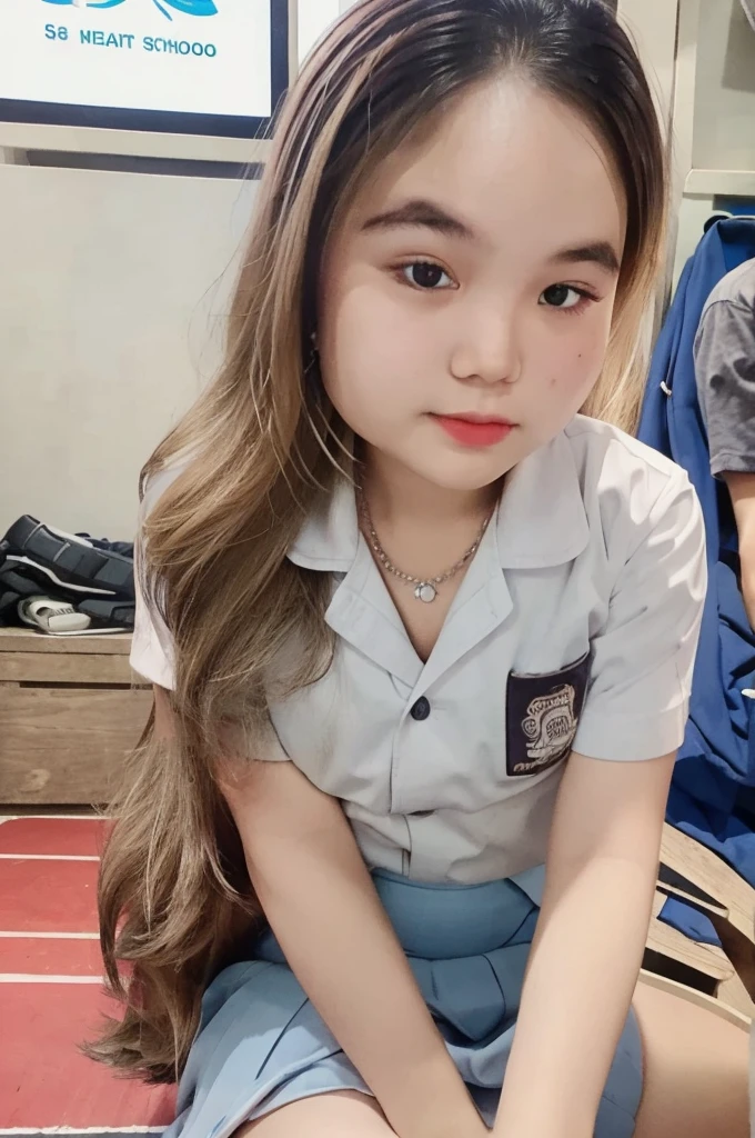 RAW, Best quality, high resolution, masterpiece: 1.3), Beautiful girl with long wavy hair, on the stage of a nightspot  ((senior high school clothes)), white shirt, grey skirt, white socks, highres, 4k, HDR, 1girl, photorealistic, realistic, small breasts, long wavy hair, ((whole body)), sitting, turning away facial at viewer, closeup, public clubbing background