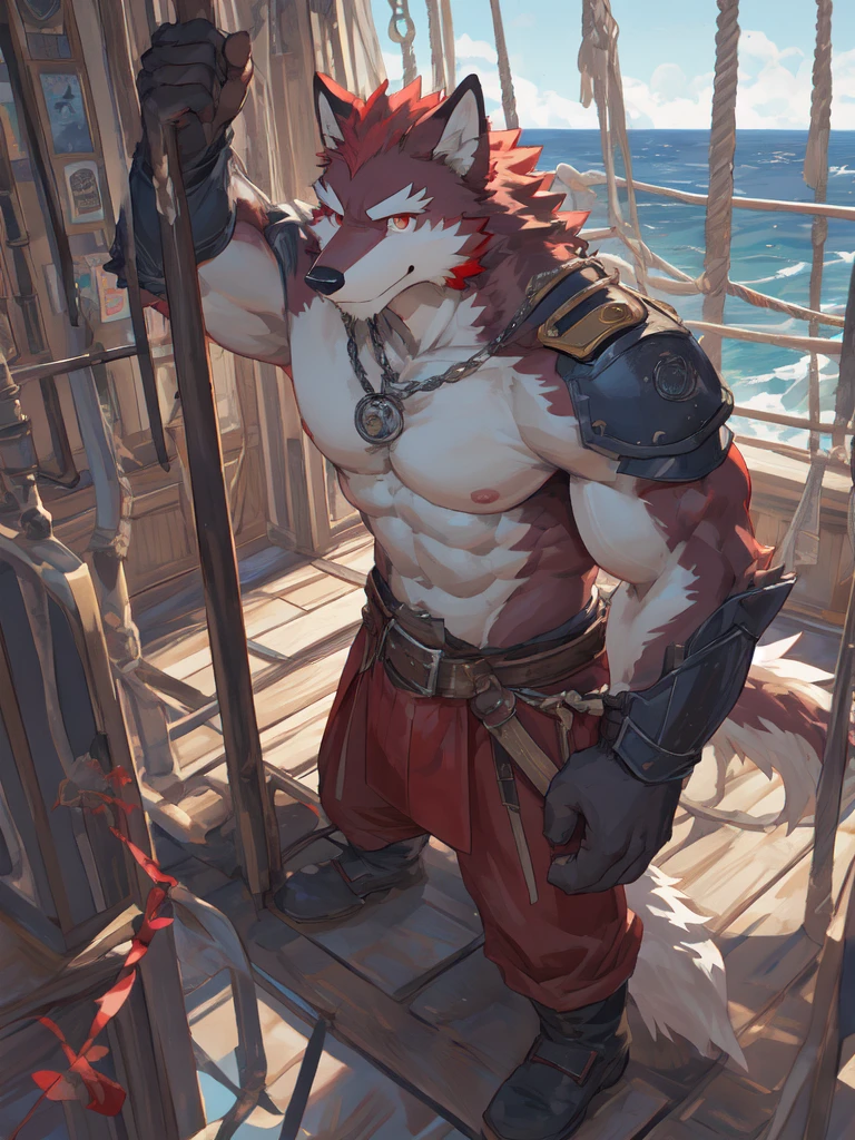 Best quality, diederich olsen (/knights college/), wolf, kemono, nj5furry, Red Fur, Red eyes, Medium Muscular Body, Solo, A sailor, on the ship, Climb high to see ocean waves, Hands for looking out, topless, smile, Fierce eyes, detailed eyes, full body,