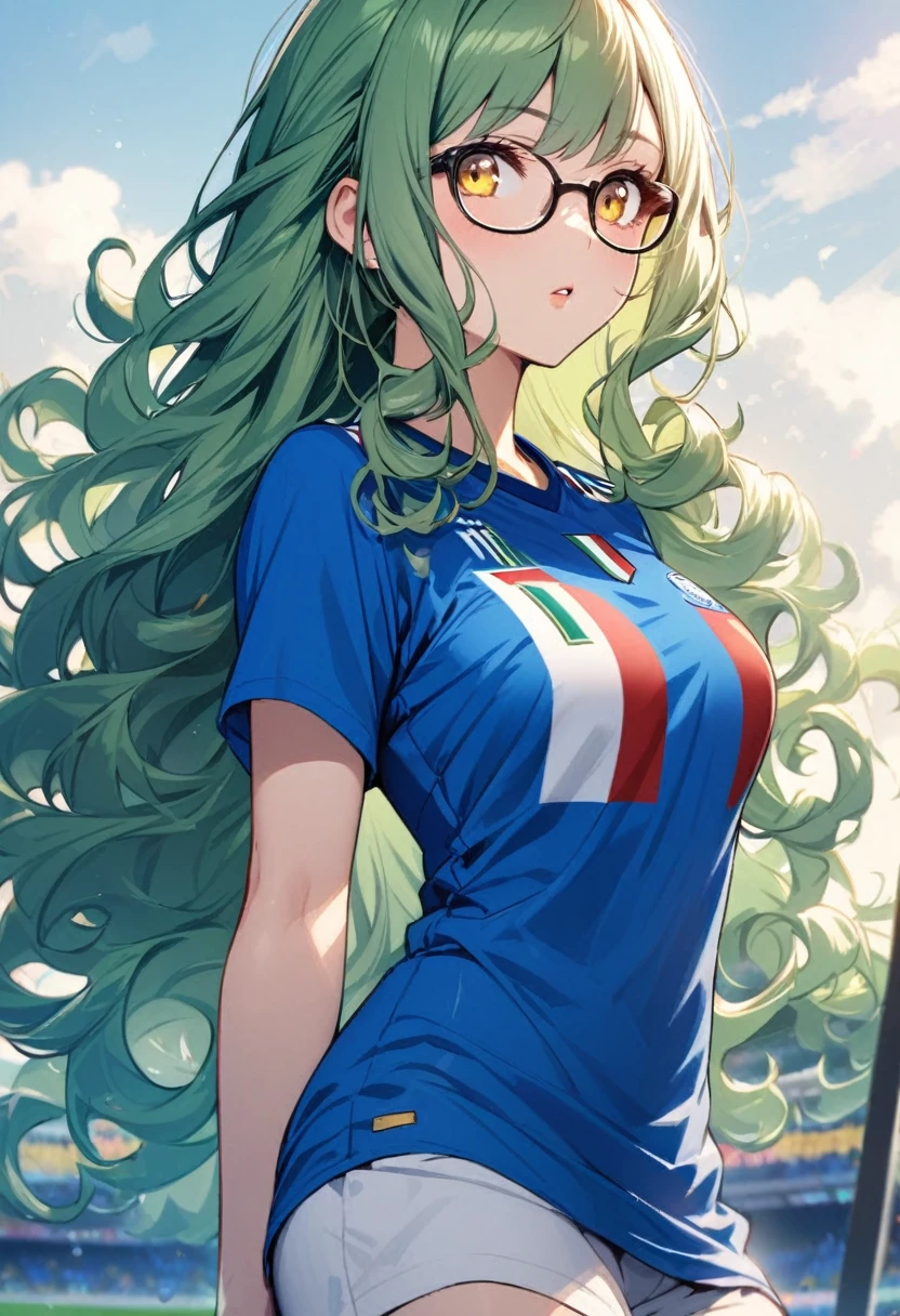 girl, beautiful, curly hair, long hair, yellow eyes, green hair, soccer shirt, italy soccer shirt, blue shirt, breasts, glasses