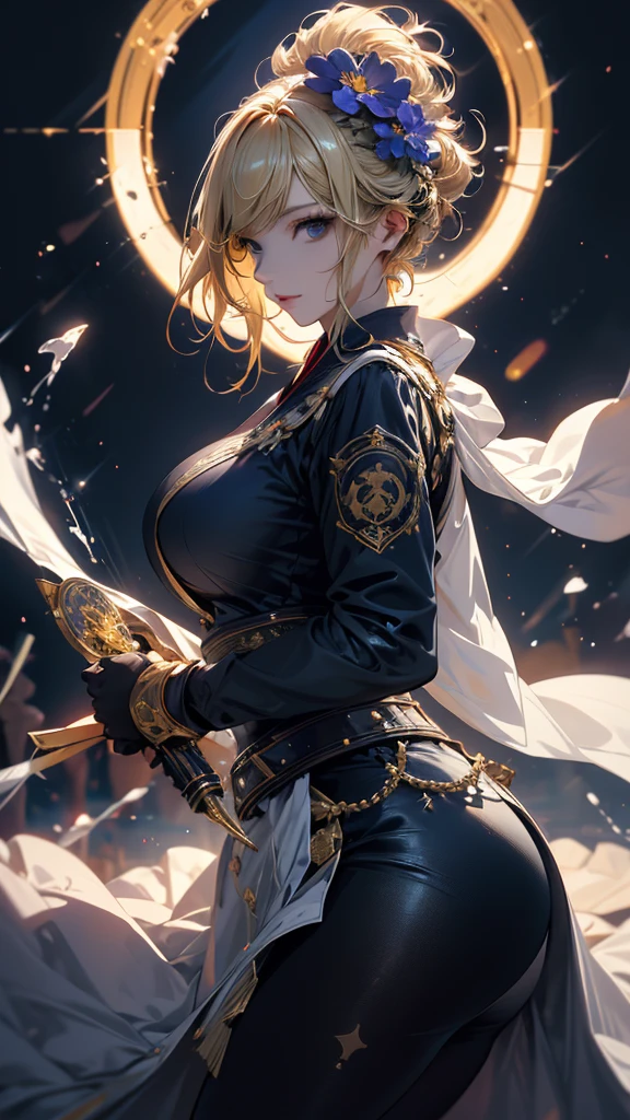 masterpiece, high quality, 4K, Beautiful design, silhouette，blonde， 非常に詳細な夜のStarry Sky,Flower Field， wonderful, Finer details,  Very knowledgeable woman, Highly detailed solo, 1 female,Big Breasts，Nurse Costume，Combat Uniform，Night view，Starry Sky，full moon，