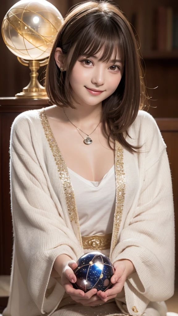 Best picture quality (8K, high resolution, Masterpiece: 1.2), super detailed,  215 Short Hair,Three braids long hair, 16-year-old woman, 


 situation: Astrologer uses a crystal ball to predict the future。
clothing: Like reflecting the light of a crystal ball、Shiny silk robe。The robe is embroidered with constellation patterns.、Sparkling when exposed to light。Large silver pendant、She has several rings on her fingers。
detailed:
angle: Hold your hand over the crystal ball、A frontal shot of the person staring in concentration。
atmosphere: A face lit by a magical, mystical light。

Active Pause Focus on upper 腰


, random cute pose ,big eyes ,Puffy eyes ,  Heart Pupil, blush  , huge shy smile , salute


