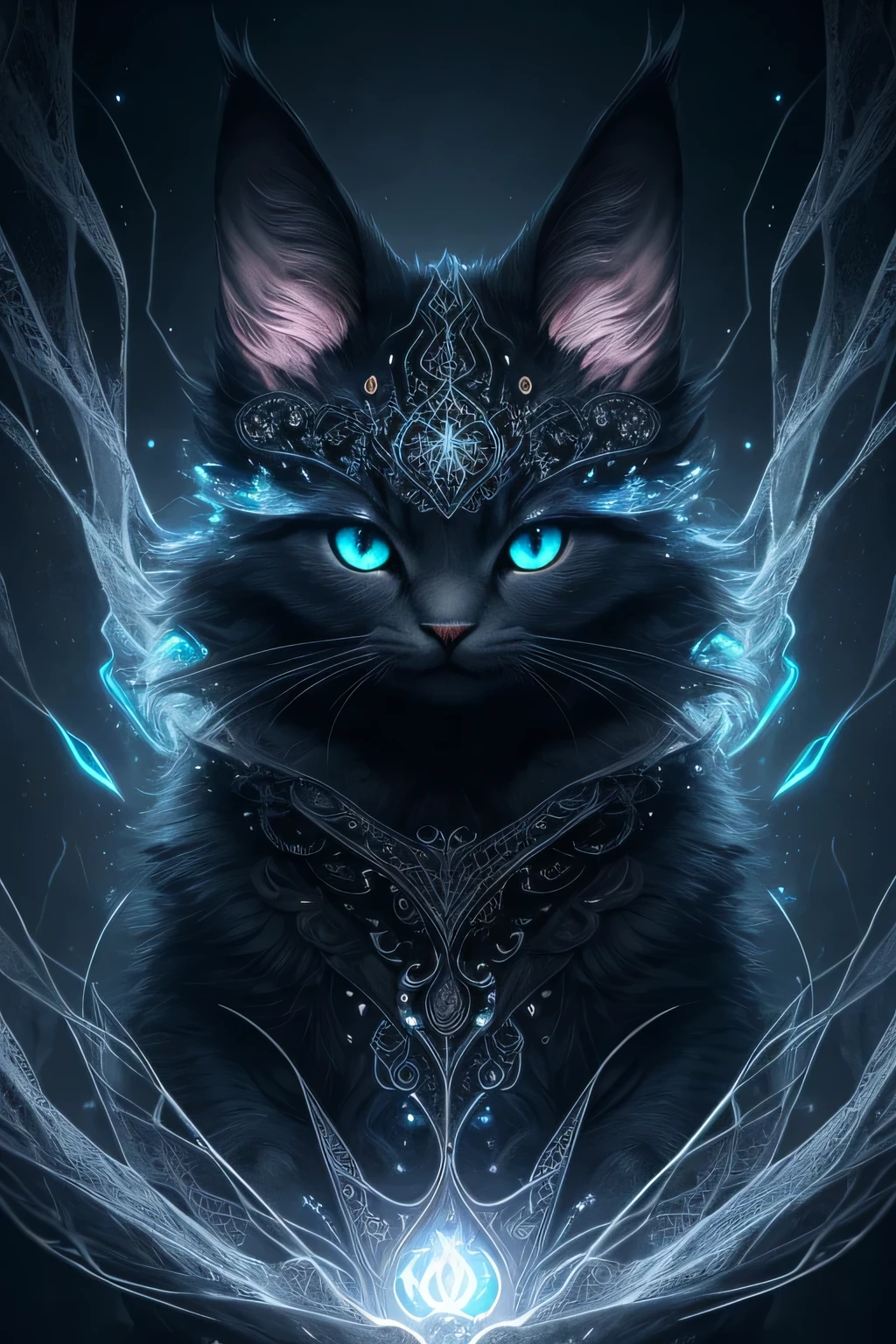 A captivating and enigmatic image of a cute alien animal creature, adorned with neon eyes that emit a soft, otherworldly glow. Its fur is a contrasting mix of hoarfrost and metal lace, creating an intricate and delicate texture that shimmers in the dreamlike, surrealistic atmosphere. The background showcases black fire, flickering and dancing, adding a sense of mystery and intrigue.
This stunning artwork, crafted with intricate details and symmetrical composition, is a testament to the artist's skill. It possesses a soft lighting effect that brings out the creature's charming and friendly demeanor, making it an unforgettable trendset