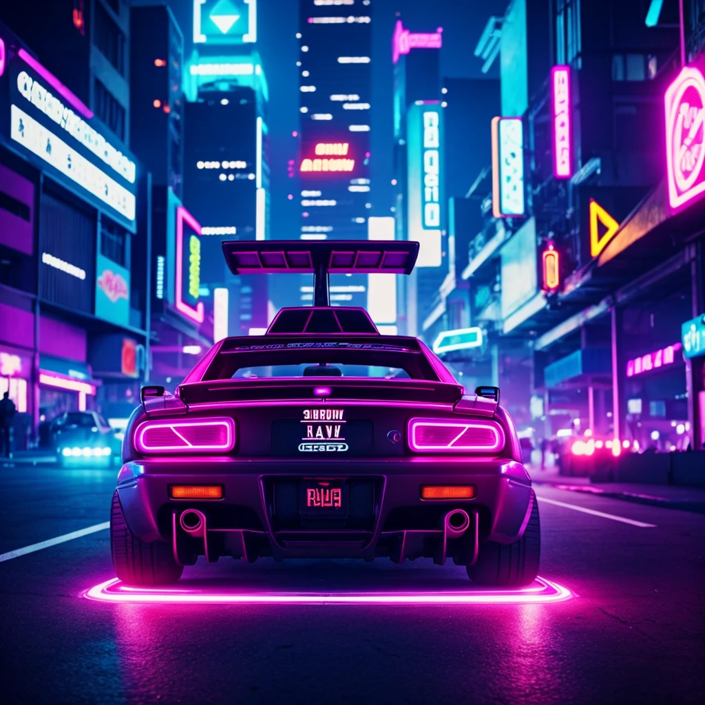 Rear plane of sporty clasic car, side, cyberpunk, synthwave, city background