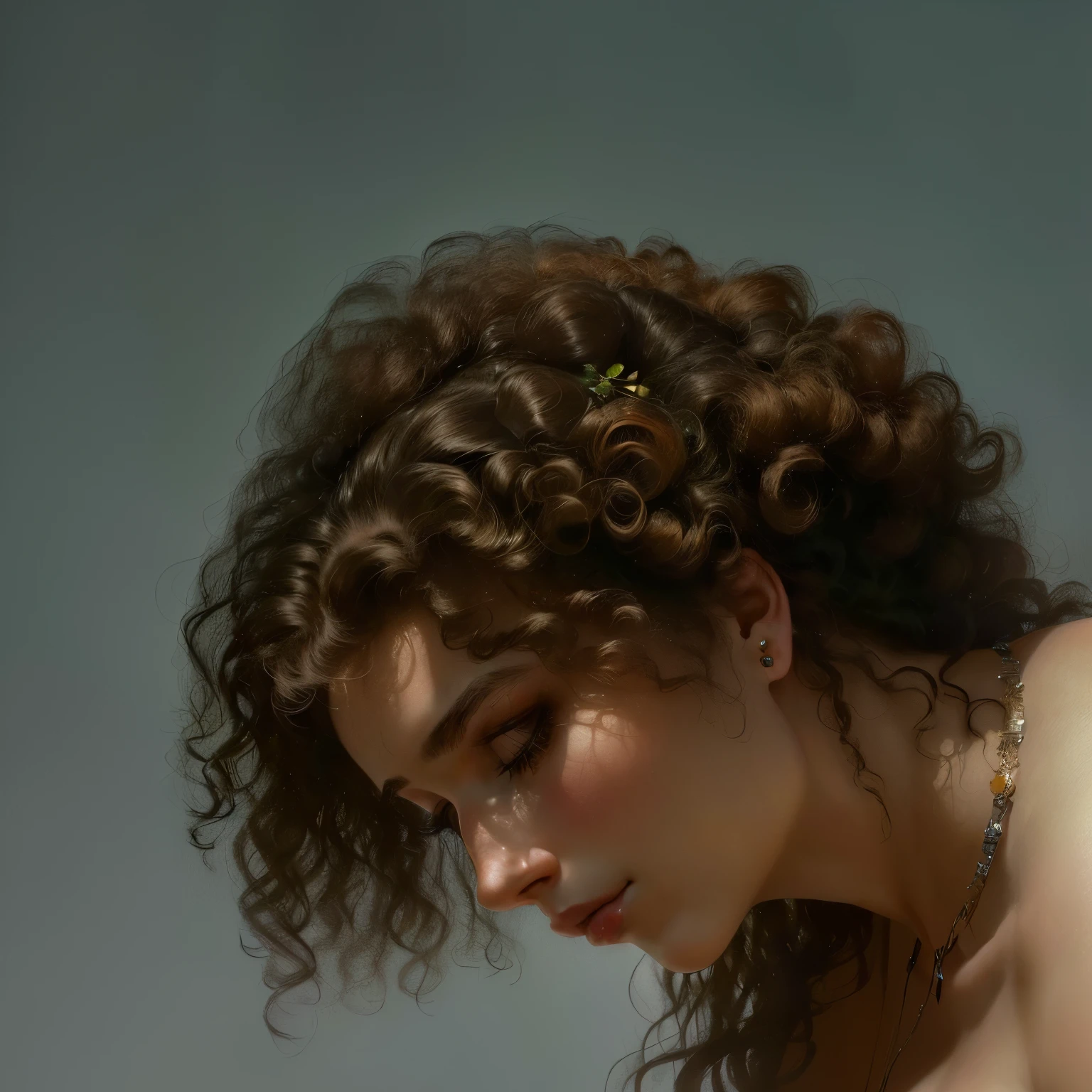 There is a beautiful woman with curly hair looking down, inspired by Anna Füssli, inspired by Irakli Nadar, Side portrait of a girl, centered side profile portrait, side portrait images, soft light from the side, portrait of sad
