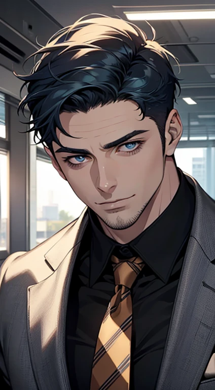 (best quality,4k,8k,highres,masterpiece:1.2),ultra-detailed,(realistic,photorealistic,photo-realistic:1.37),1 man,31 years old,mature man,very handsome,without expression,smile,short blue hair,blue eyes,penetrating gaze,perfect face without errors,imposing posture,businessman,office background,cinematic lighting,hdr image