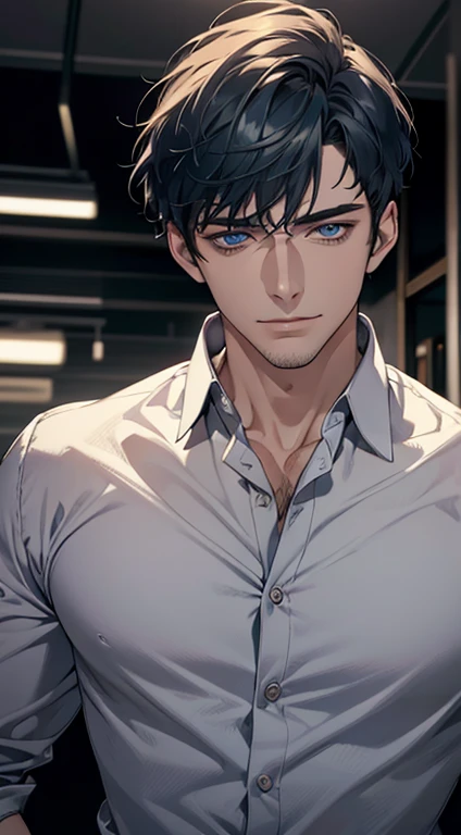 (best quality,4k,8k,highres,masterpiece:1.2),ultra-detailed,(realistic,photorealistic,photo-realistic:1.37),1 man,31 years old,mature man,very handsome,without expression,smile,short blue hair,blue eyes,penetrating gaze,perfect face without errors,imposing posture,businessman,office background,cinematic lighting,hdr image