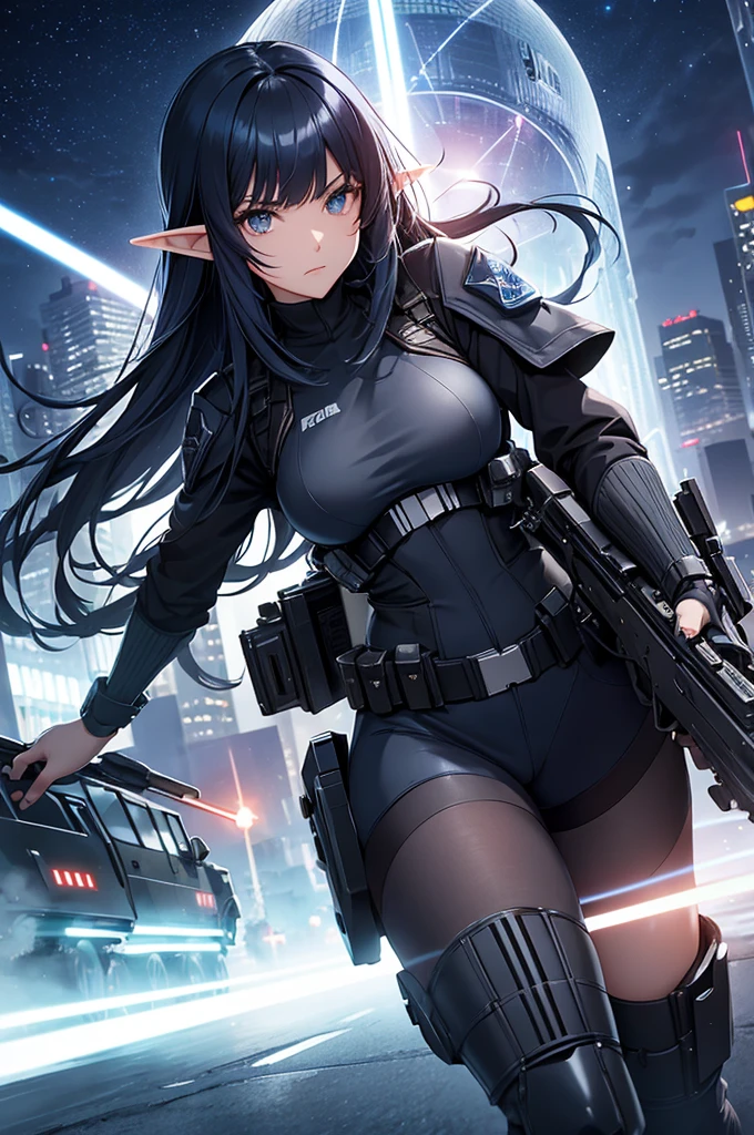 Create high quality images featuring an elf girl with dark navy blue hair and straight bangs。She is a member of the police special forces.。Aggressive pose。Aggressive facial expression。Have a lightsaber。In the background is the city inside the dome。 Next to her is a black armored vehicle.。
