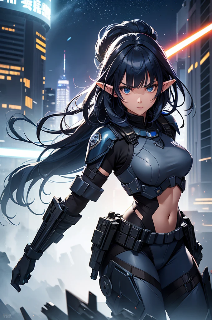 Create high quality images featuring an elf girl with dark navy blue hair and straight bangs。She is a member of the police special forces.。Aggressive pose。Aggressive facial expression。Have a lightsaber。In the background is the city inside the dome。 Next to her is a black armored vehicle.。