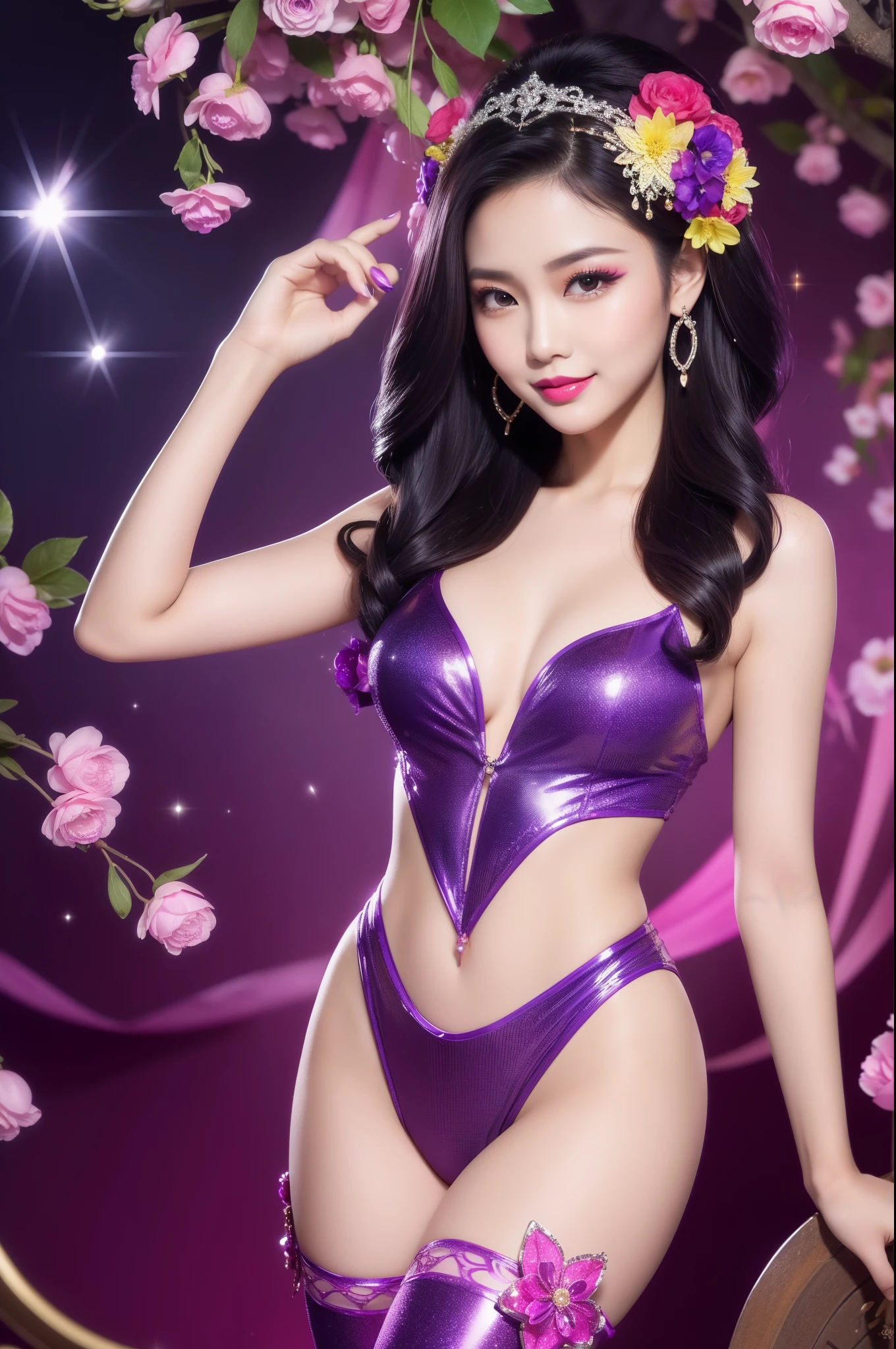 sexy Thai model who controls poison、beautiful smile、lip-gloss、bold lipstick、intense makeup、look at the camera、full body Esbian、、sparkling poisoned flower costume、、、、sparkling Colorful hair、secrete poison、skull hair accessories、sexy tights、shiny sparkling flowers background