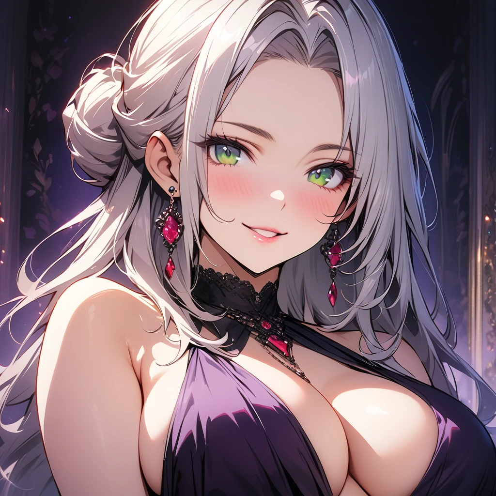 (masterpiece,top quality,high quality)), ((8K wallpaper unified with high definition CG)), Solo mature woman, 35yo,
Portrait, beautiful, full lips, smile, red make up, white hair in a loose bun, two long bangs parted, exposed forehead, long
eyelashes, sultry gaze, sexy, dark purple evening gown, very large breasts, long red fingernails, MILF, curvy body, mansion background, luxery, thick thighs, green eyes,