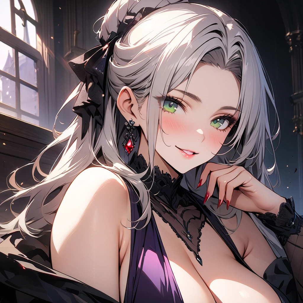 (masterpiece,top quality,high quality)), ((8K wallpaper unified with high definition CG)), Solo mature woman, 35yo,
Portrait, beautiful, full lips, smile, red make up, white hair in a loose bun, two long bangs parted, exposed forehead, long
eyelashes, sultry gaze, sexy, dark purple evening gown, very large breasts, long red fingernails, MILF, curvy body, mansion background, luxery, thick thighs, green eyes,