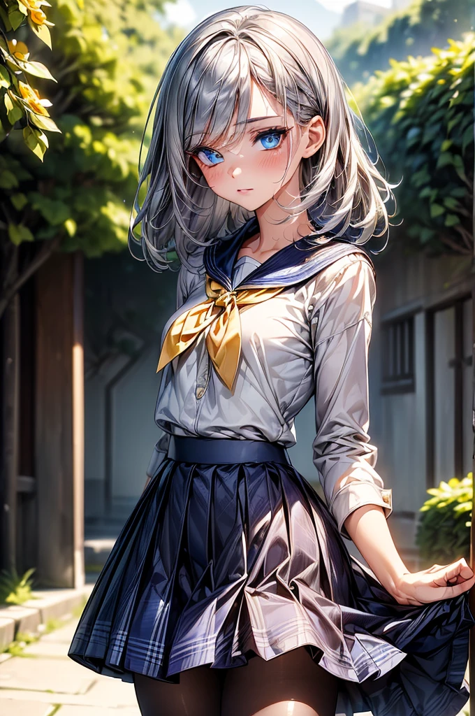 (((masterpiece, best quality, ultra detailed))), cowboy shot, 1 beautiful girl, sailor suit, navy blue plaid skirt, detailed pantyhose, JK, standing, (delicate silver  hair:1.3), flipped short hair, detailed beautiful face, detailed eyes, (heterochromia), ((blue eye and yellow eye)), dramatic lighting, summer sky, sun light