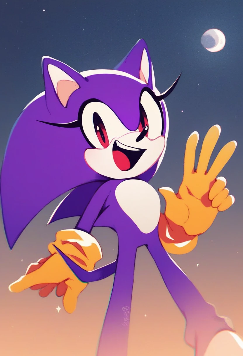 needlemouse, solo, smile, open mouth, completely black mouth 1girl, female focus, sky, no humans, night, moon, furry female, flat color, sonic the hedgehog, two-tone fur, no outlines, yellow gloves, source, purple fur, white skin, completely black eyes, red pupils, blue-ish purple fur